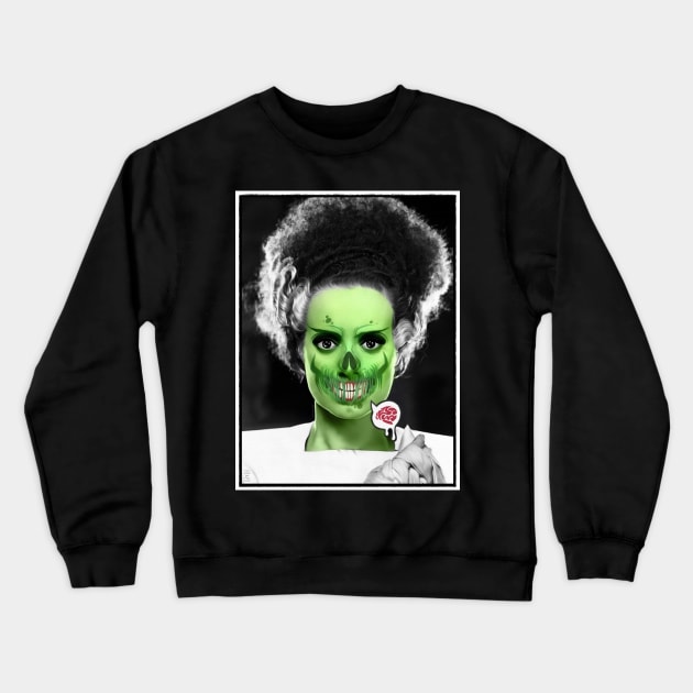 Green Bride of Frankenstein Zombie with Brain Crewneck Sweatshirt by OrionLodubyal